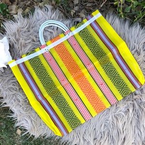 Woven Nylon Shoppers Tote-Red/Yellow/Black Stripes-EUC